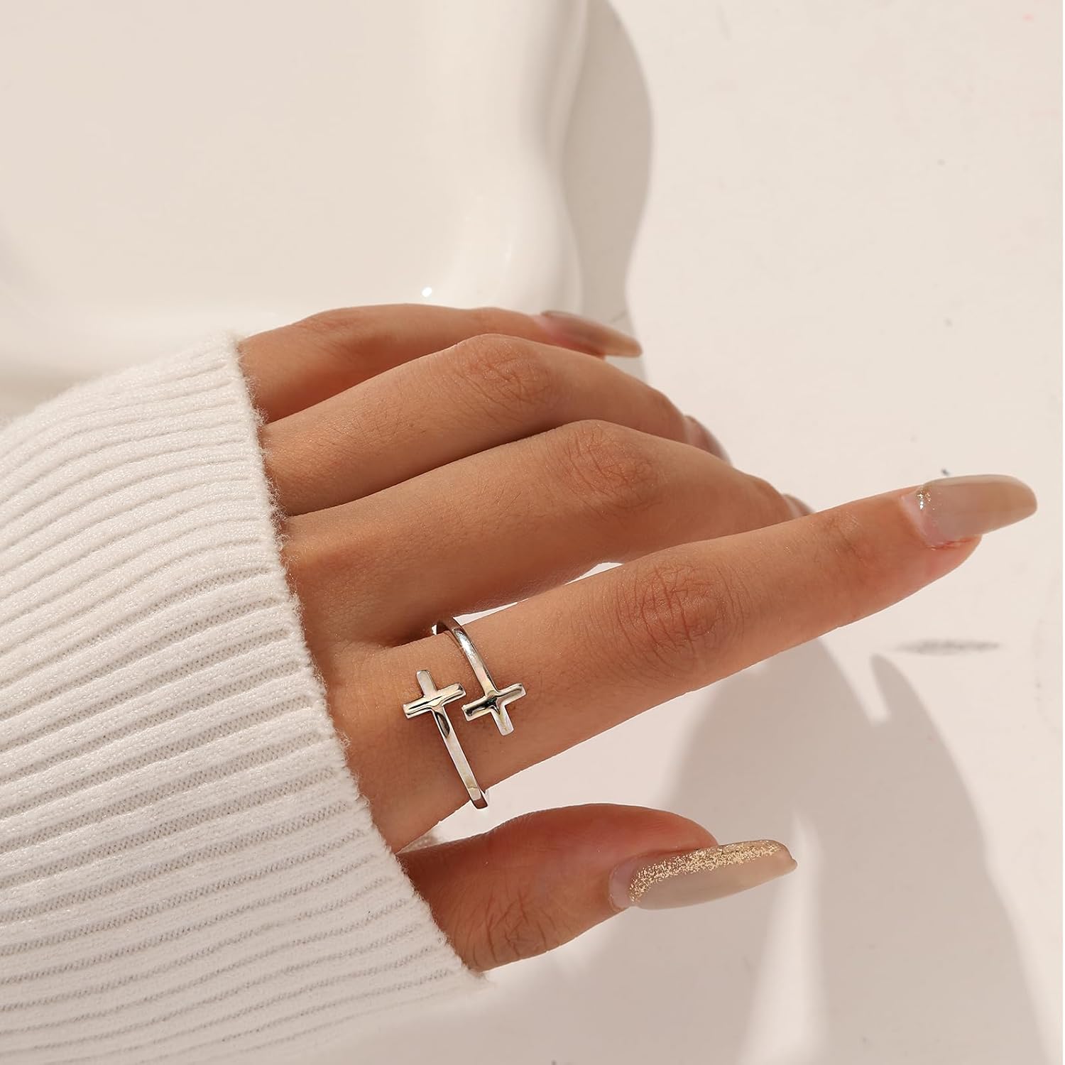 Jewmon 925 Sterling Silver Cross Ring for Women Adjustable Faith Purity Ring Christian Wrap Open Band Criss Cross Jewelry Baptism Christian Gifts for Mom Wife Birthday Xmas Gifts for Her