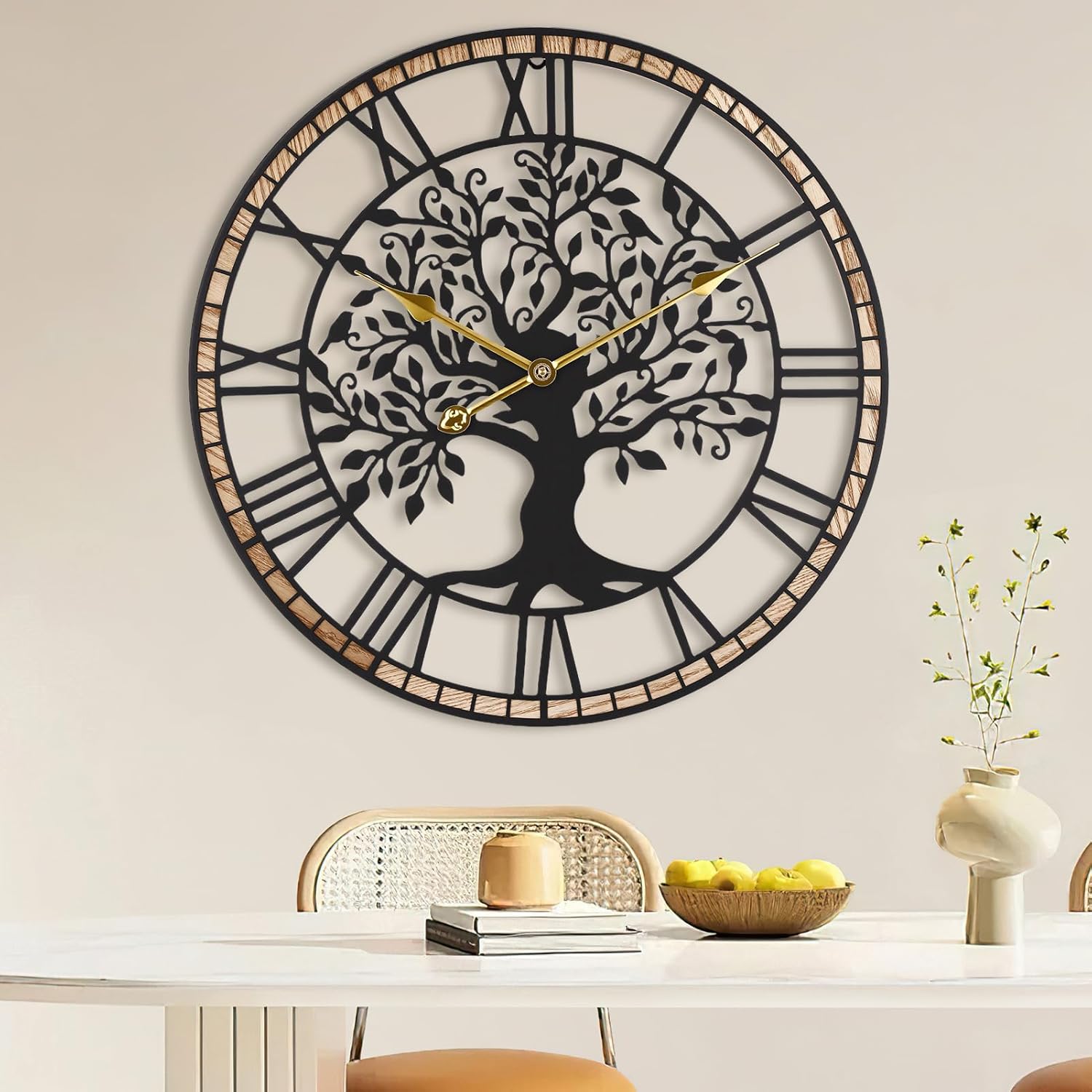 24inch non-ticking large wall clock, tree of life metal black with solid wood frame, silent battery operated clock for living room, office, bedroom, home