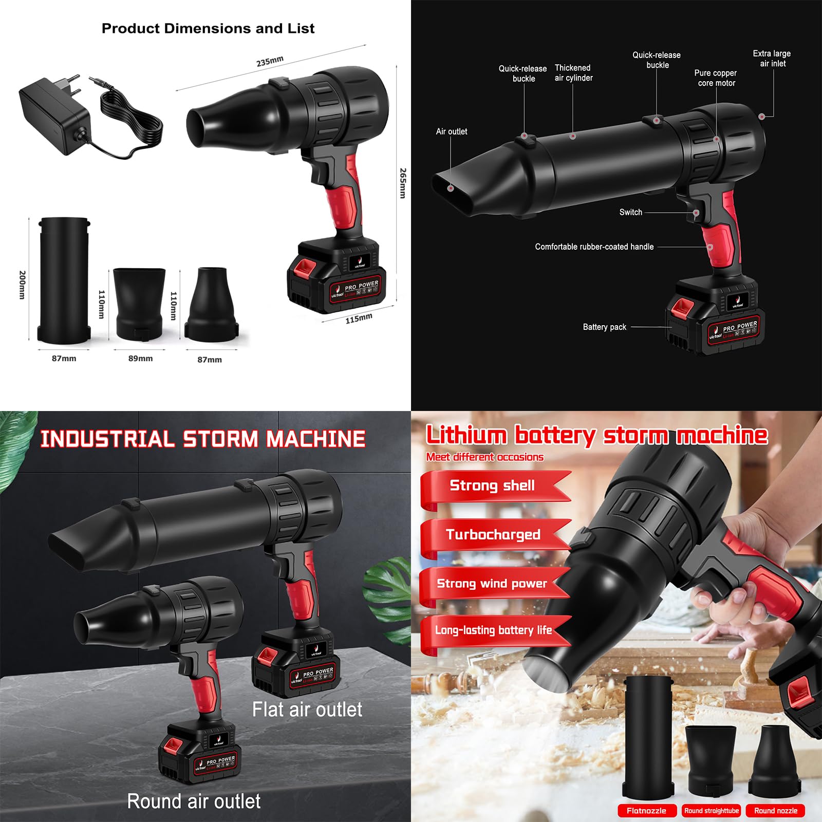 Souffleur à feuilles turbo à main avec ventilateur sans fil, 800W 35000 tr/min avec batterie 1300mAh et 3 buses, souffleur à air portable pour feuilles, poussière, neige, déblayage de voiture