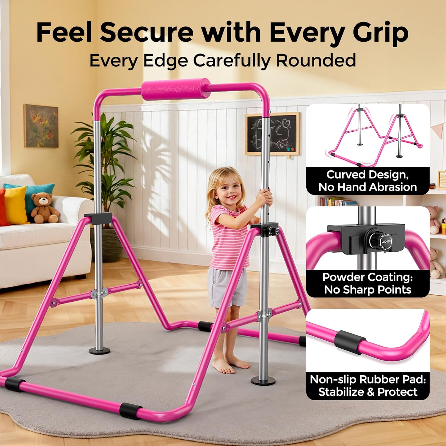 Sportsroyals Gymnastics Bar for Kids,Adjustable Height Gymnastic Horizontal Bars,Folding Gymnastic Junior Training Kip Bar for Home, Pink