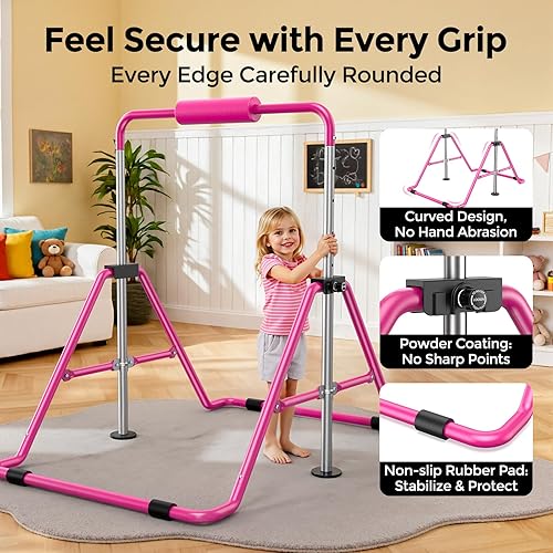 Miniatura 3 de Sportsroyals Barra de gimnasia para niños, barras horizontales de gimnasia de altura ajustable, barra de gimnasia plegable para el hogar, color rosa