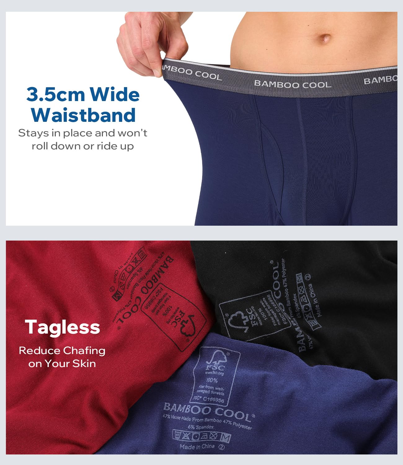 BAMBOO COOL Ultraweiche, atmungsaktive Herren-Boxershorts, feuchtigkeitsableitende Unterwäsche, bequeme Passform, ohne Etikett
