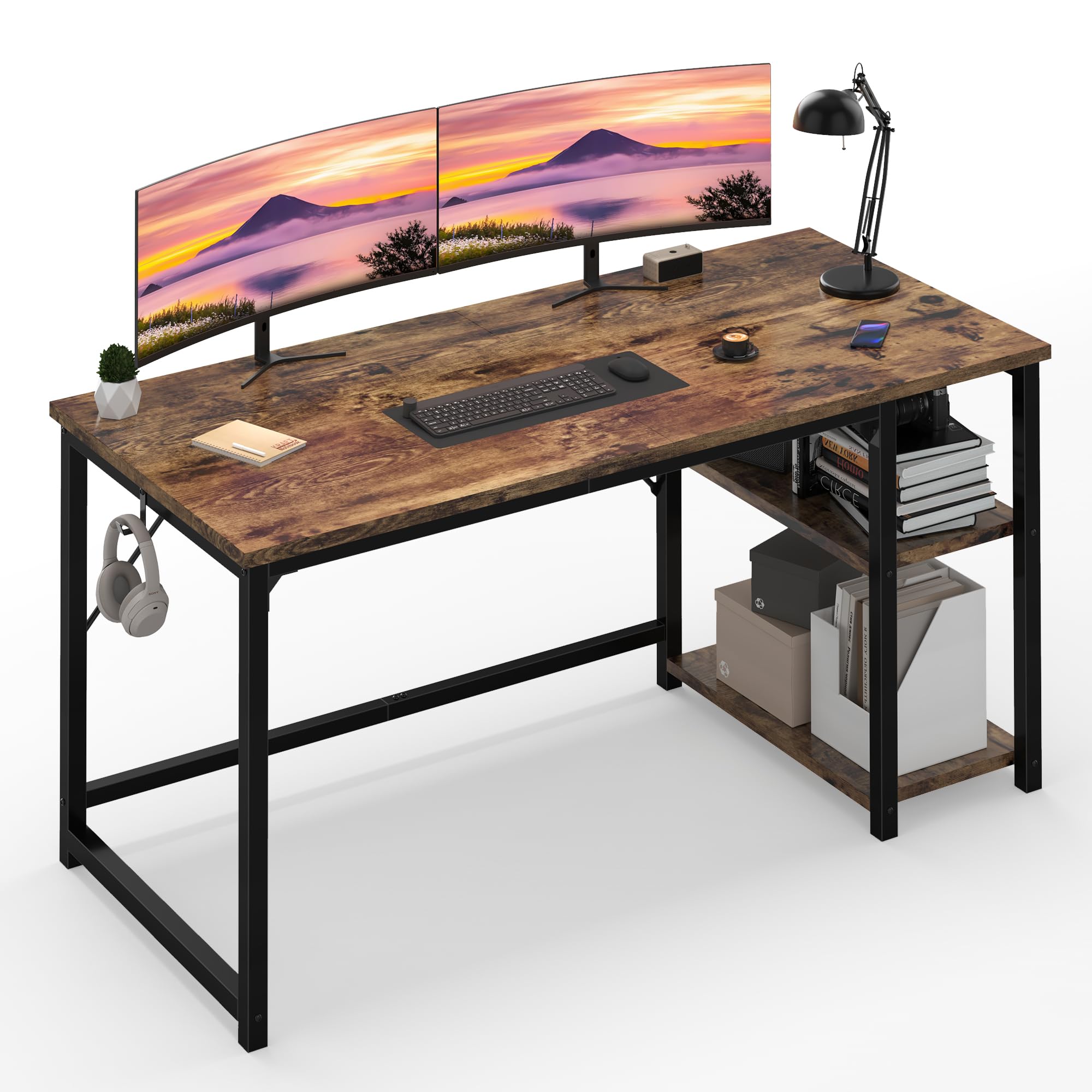 JUMMICO Scrivania 140 x 50 cm, Scrivania per Computer Scrittoio con 2 Ripiani a Sinistra o Destra, Separatore Regolabile, Tavolo da Lavoro Piano di Lavoro, Adatta per l'ufficio o il Soggiorno