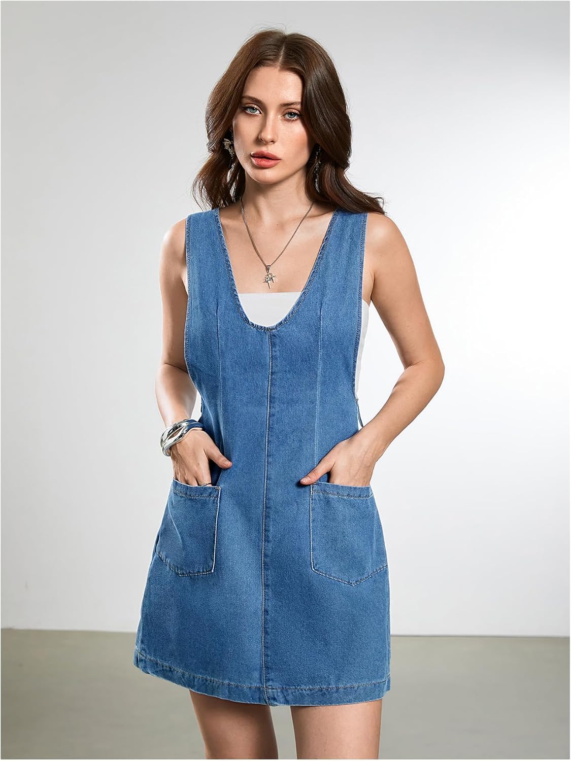 OYOANGLE Women's Sleeveless Denim Overall Dress V Neck Backless Strap Short Pinafore Jean Dress with Pockets - Image 5