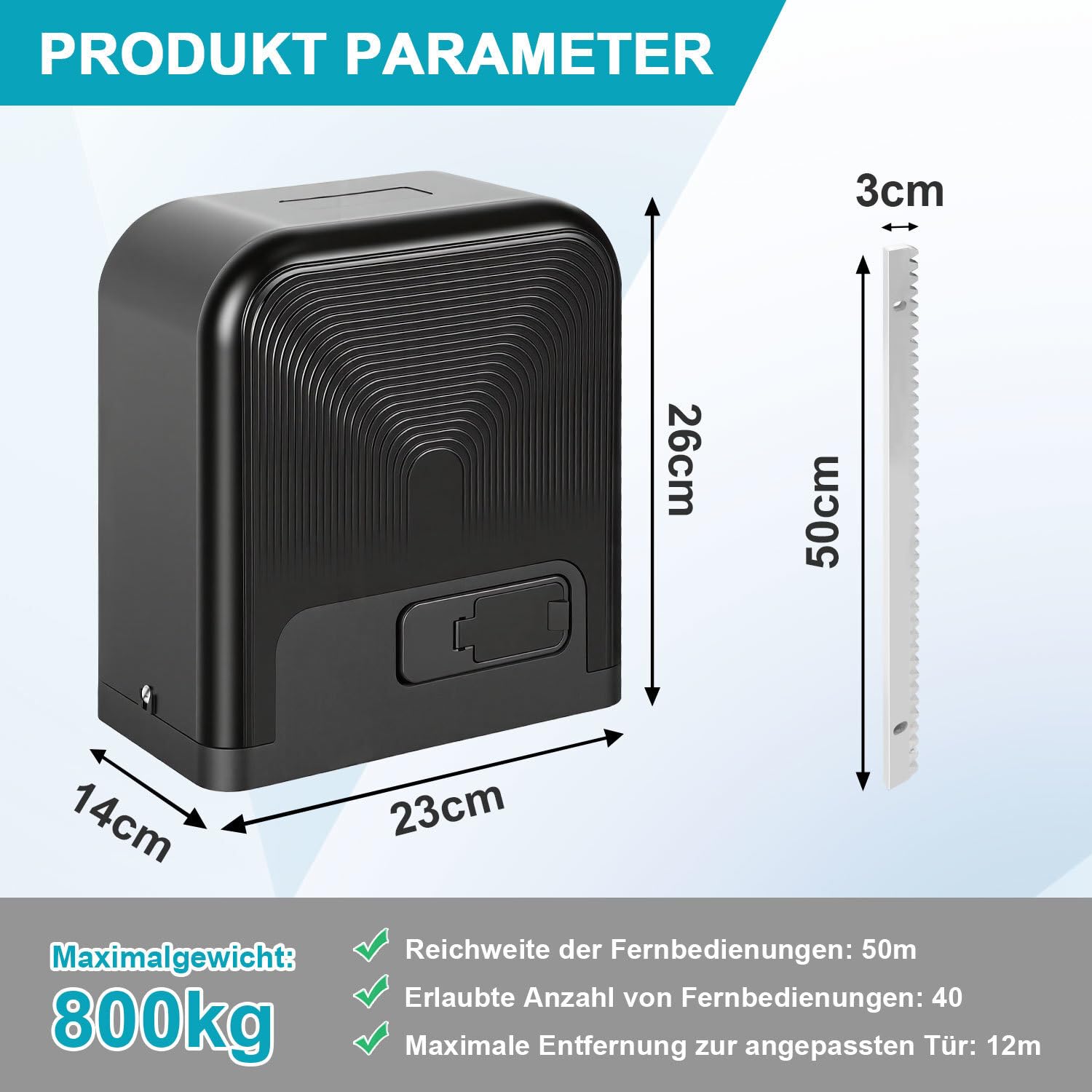 Attuatore scorrevole per cancello scorrevole 370 W 800 kg Smart WiFi azionamento automatico con 2 telecomandi, luce di avviso apriporta, funzione di chiusura automatica