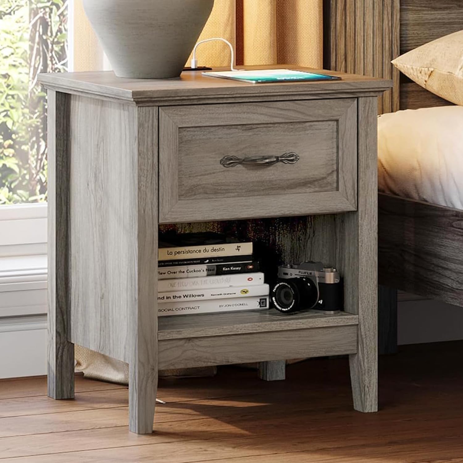 LINSY Night Stand 18.9" Farmhouse Wood Night Stand with Type-C Charging Station Open Storage Shelf Nightstands with Drawer Side Table End Table for Bedroom Living Room Sofa Couch Office Grey