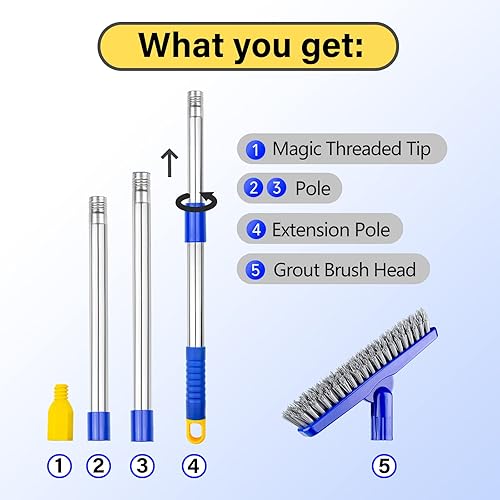 Miniatura 9 de ITTAR Cepillo de lechada con mango largo ajustable, cepillo giratorio para fregar en forma de V, con cerdas rígidas para limpieza profunda de
