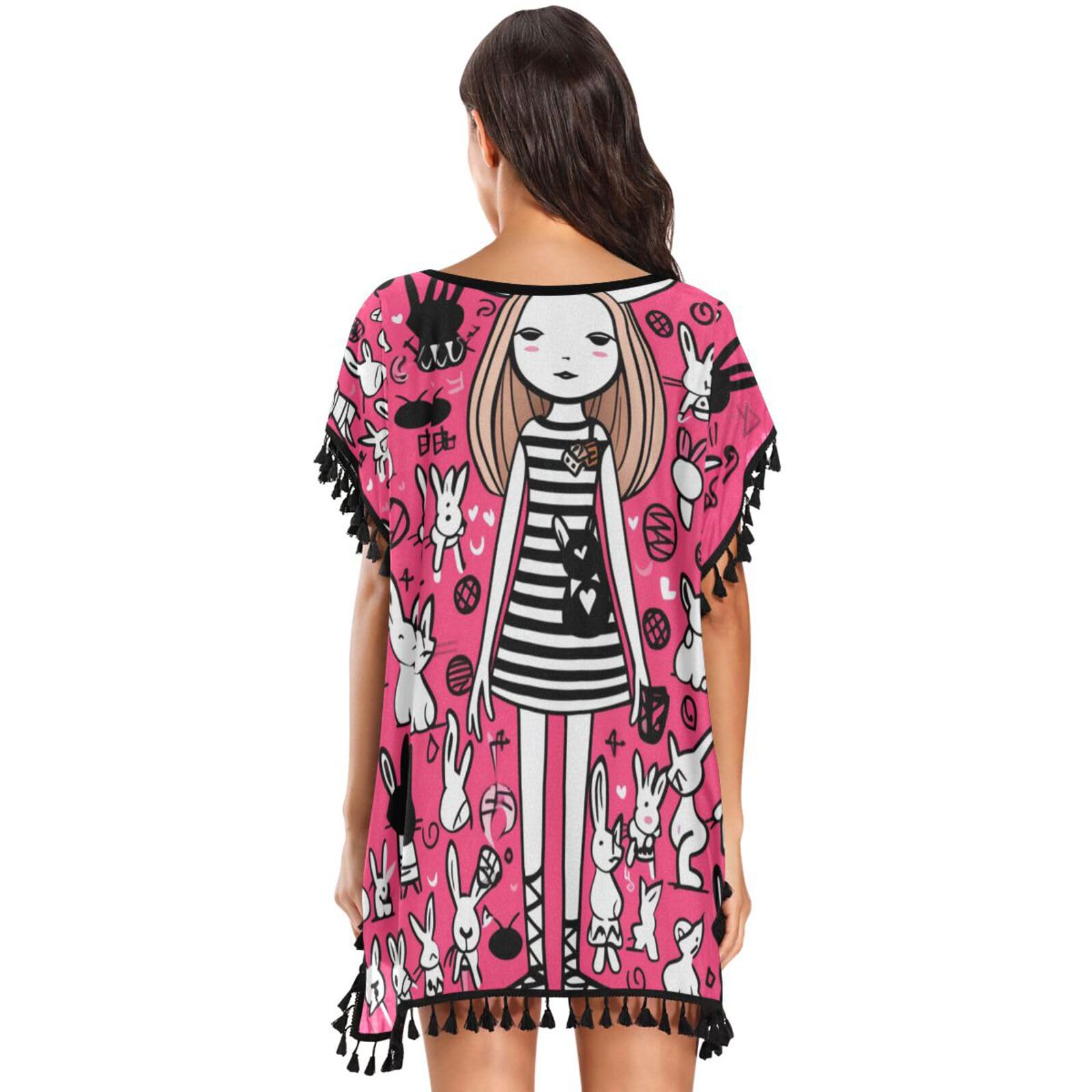 Pink Doodle Art Cute Girl Women's Beach Cover Up Chiffon Tassel Swimwear Swimsuit Coverups for Girl