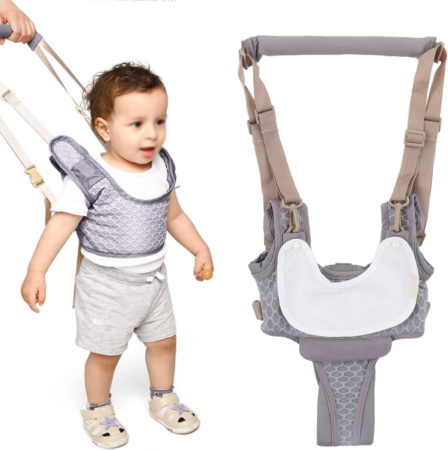 Baby Walking Harnesses, Lightweight Adjustable Detachable Crotch Pad Handheld Toddler Walk Assistant Belt Adjustable Standing Up and Walking Learning Helper for 8‑24M(Monsoon Grey-Profile Mesh)