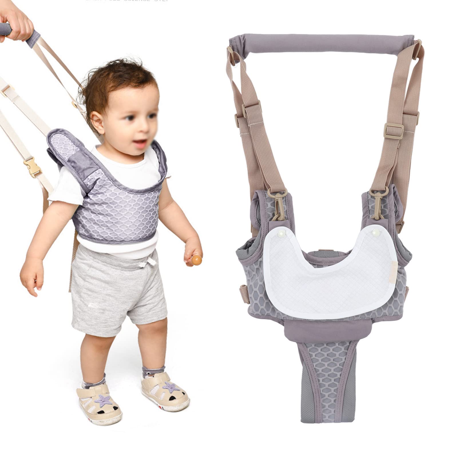 Baby Walking Harness Detachable Crotch Pad Handheld Toddler Walk Assistant Belt Help Baby Walk Child Learning Walk Assist Trainer Tool for 8-24 Month Old(Monsoon Grey-Profile Mesh)
