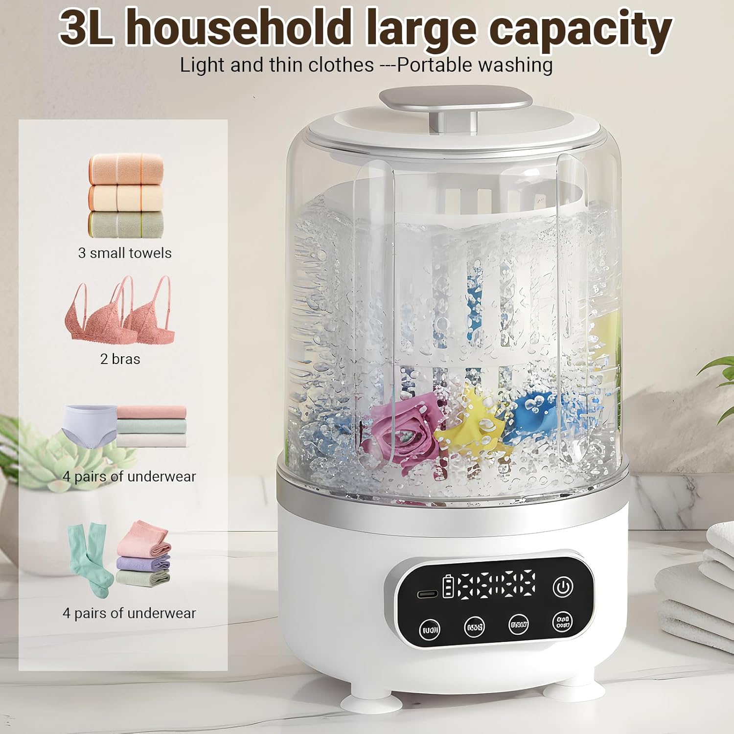 3L Portable Washing Machine,3 In 1 Portable Washer-Dryer Combo, Home Mini Underwear-Specific Washing Machine，3 Modes 3000mAh Laundry Machine for apartments, dormitories, travel, and hotels (White)