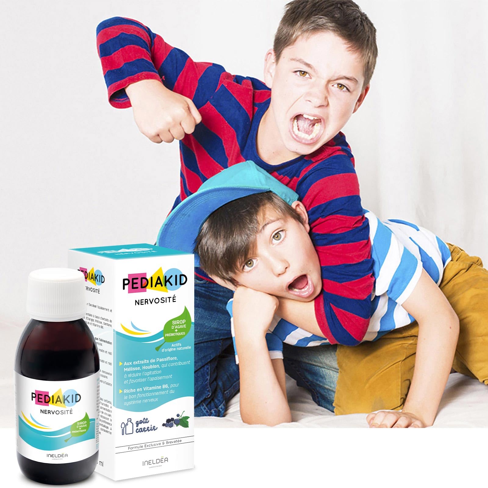 PEDIAKID - Nervosität Sirup - Natürliche Nahrungsergänzung - Exklusive Formel mit Agavensirup - Fördert die Beruhigung - Reduziert die Unruhe - Aroma Schwarze Johannisbeere - 3 Flaschen à 125 ml