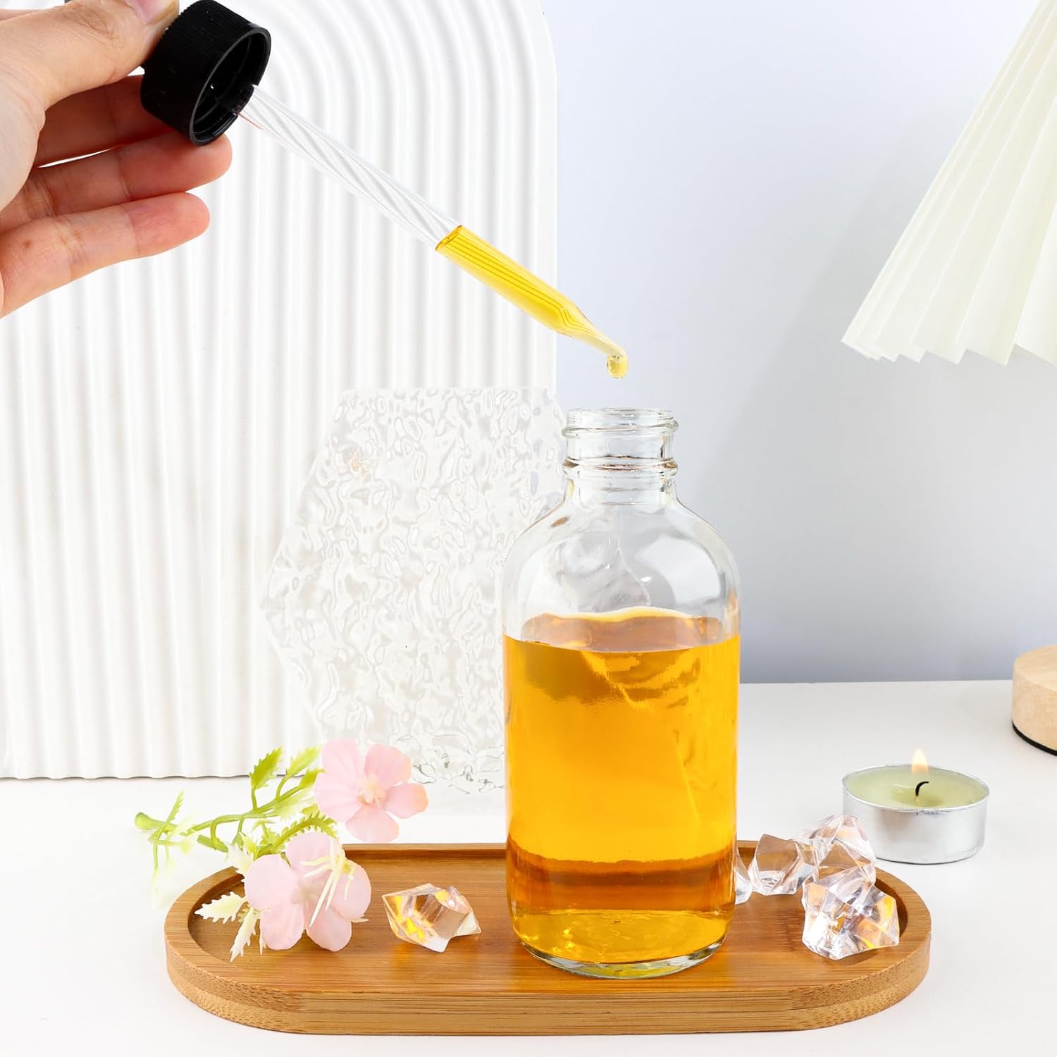 42 Pack 4oz Clear Glass Bottles with Glass Eye Droppers for Essential Oils, Perfumes & Lab Chemicals (Brush, Funnels, 3 Extra Droppers, 48 Pieces Labels & 30ml Measuring Cup Included) - Image 4