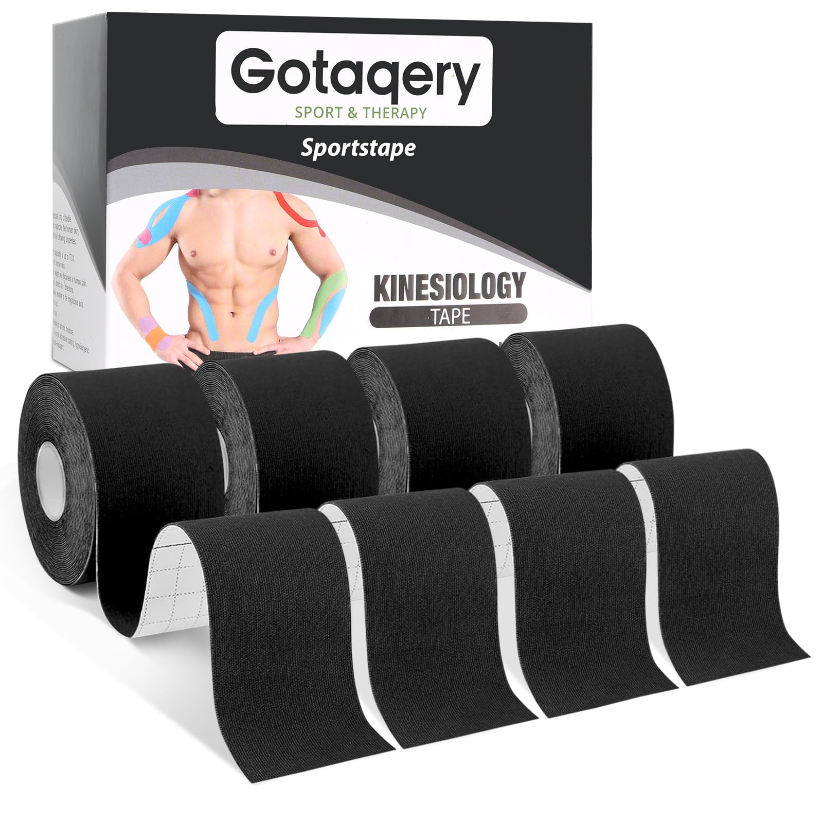Kinesiology Tape (4 Rolls Pack), Waterproof Elastic Muscle Support Tape for Exercise, Sports & Injury Recovery, Breathable & Latex Free, 5cm x 5m Per Roll (Black)
