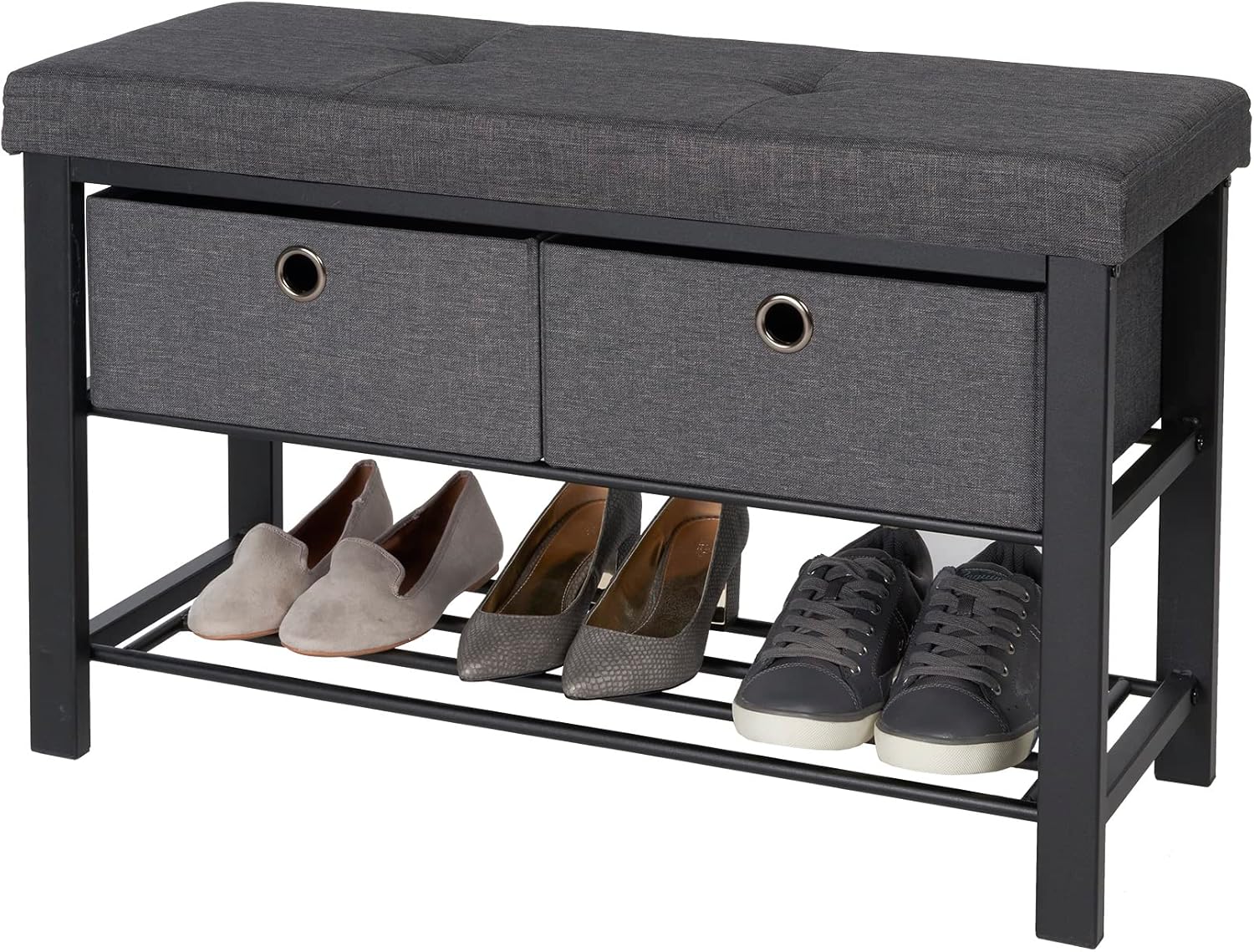 Charcoal Upholstered Shoe Storage Bench with Drawers