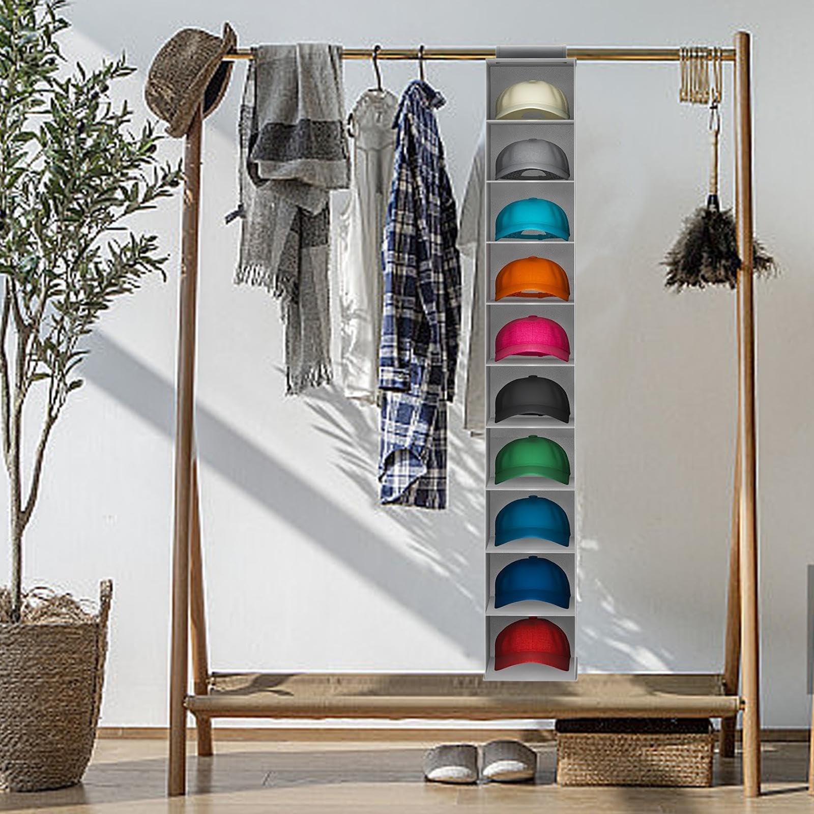 Hängendes Regal Garderobe Organizer Faltbares Hängendes Regal Gepäckorganisator Kleiderschrank Aufbewahrungsorganisator Schrank mit 10 Fächern für Schlafsaal, Schlafzimmer, Wohnzimmer, Grau