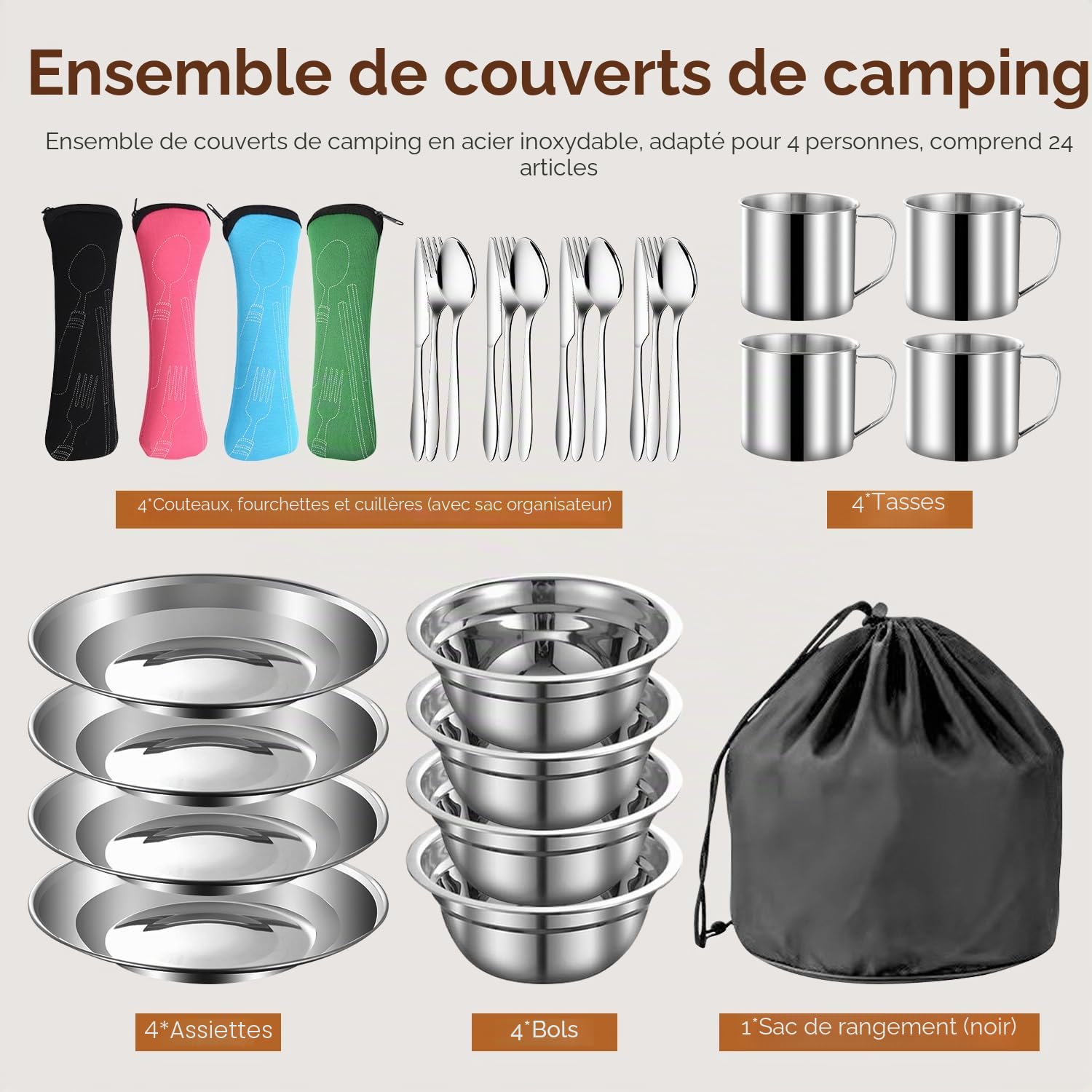Tissting 24 Pièces Lot de Ustensiles de Cuisine de Camping pour 4 Personnes, Kit Cuisine de Camping, Vaisselle de Camping en Acier Inoxydable avec Assiettes, Tasses, Cuillères, Fourchettes Couteaux