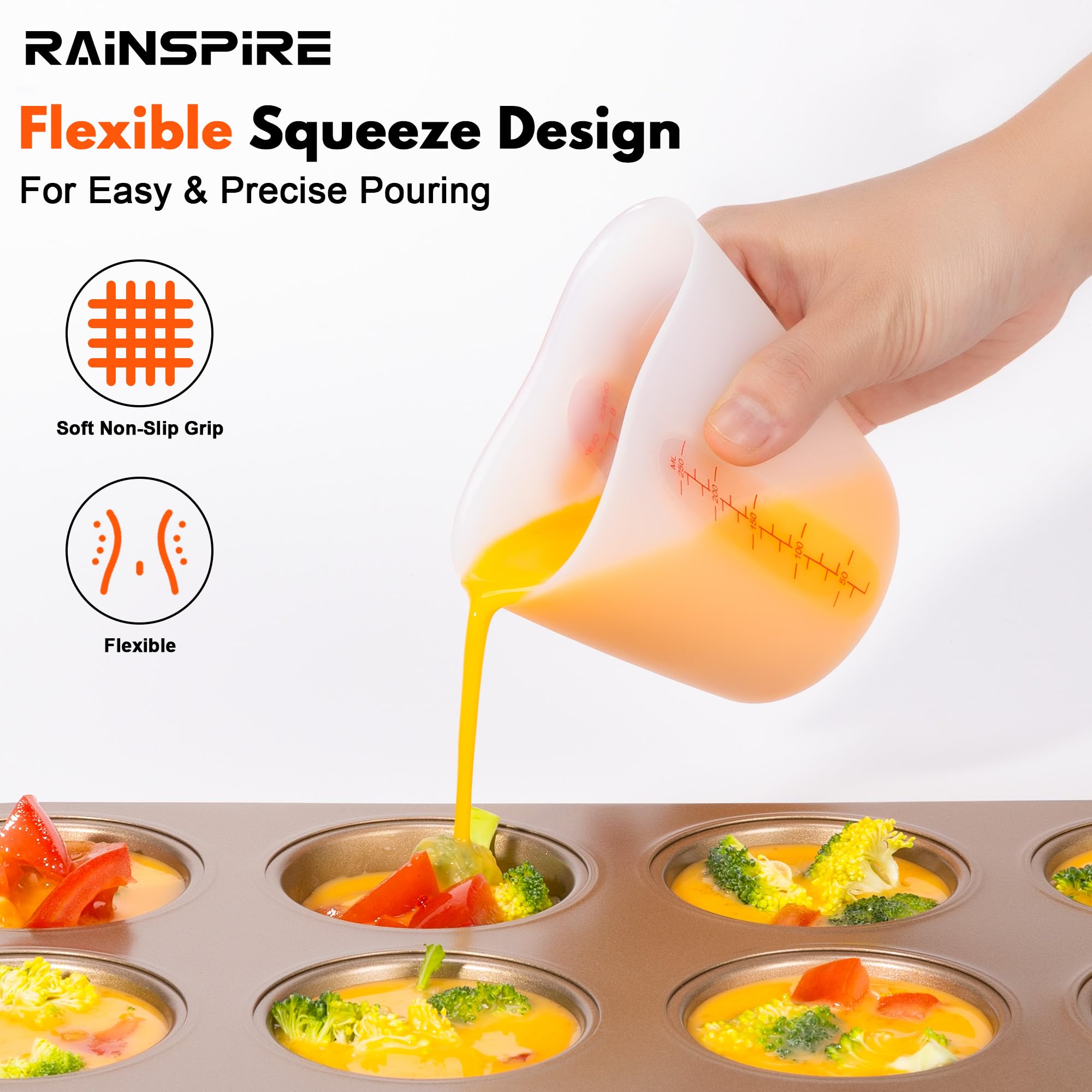 Rainspire Verbessertes 3-teiliges Silikon-Messbecher-Set, zum Drücken und Ausgießen von Flüssigkeiten, flexible Schokoladenschmelzbecher, Backzubehör, Koch Geschenke