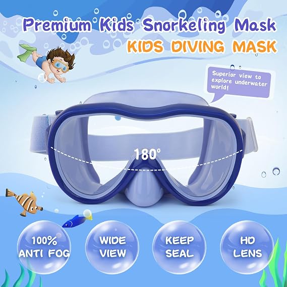 Kids Swim Goggles 180 Snorkel Diving Mask with Nose Cover, Anti-Fog Kids Swimming Goggles with Elastic Fabric Strap for Kids Boys Girls