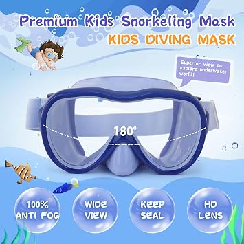 Kids Swim Goggles 180 Snorkel Diving Mask with Nose Cover, Anti-Fog Kids Swimming Goggles with Elastic Fabric Strap for Kids Boys Girls