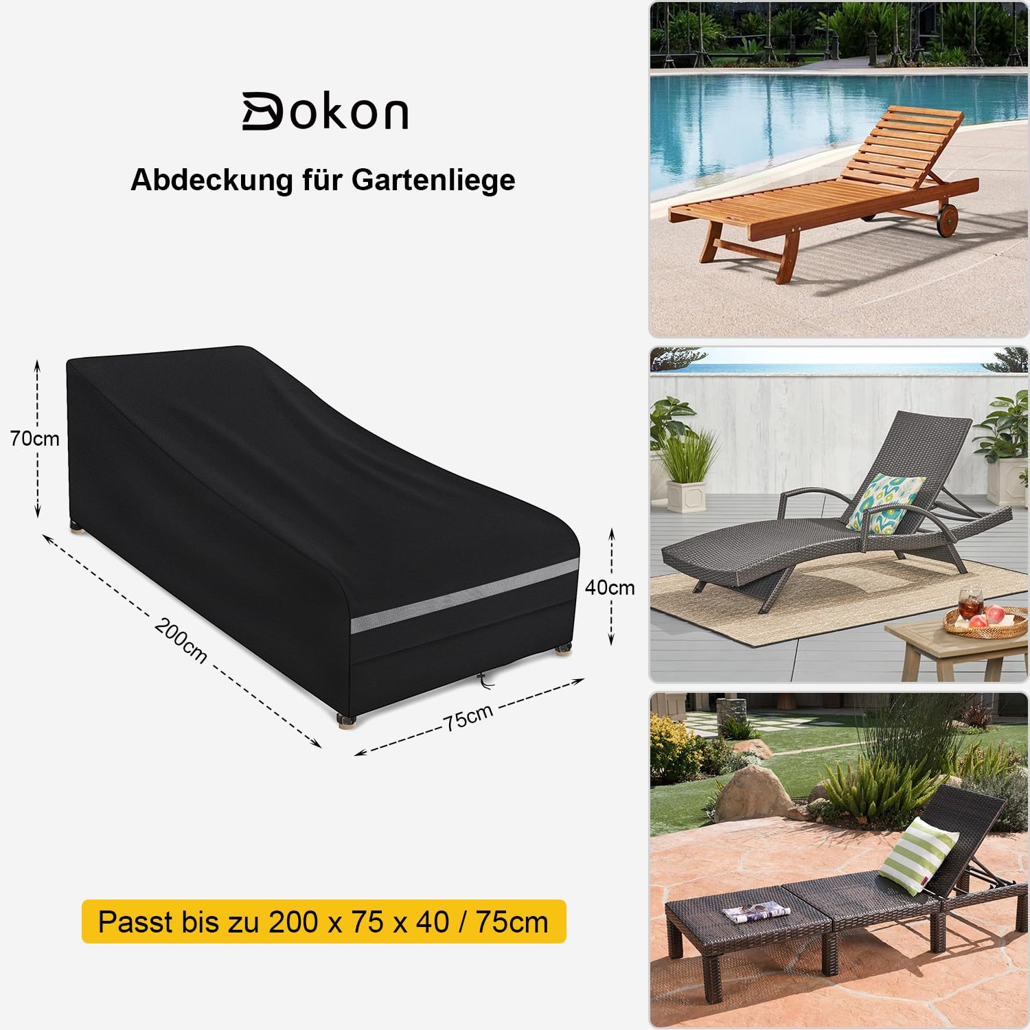 Dokon Gartenliege Abdeckung Wasserdicht Sonnenliege Schutzhülle mit Belüftungsöffnung, Winddicht Anti-UV Robustes 420D Oxford-Gewebe Abdeckplane für Liegestuhl Deckchair, 200x75x40/70cm - Schwarz