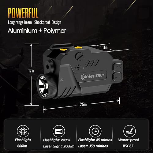 Miniatura 2 de Defentac Combo de luz láser de pistola de 680 lúmenes, linterna táctica estroboscópica con haces rojosverdeazules para pistolas compactas con riel,