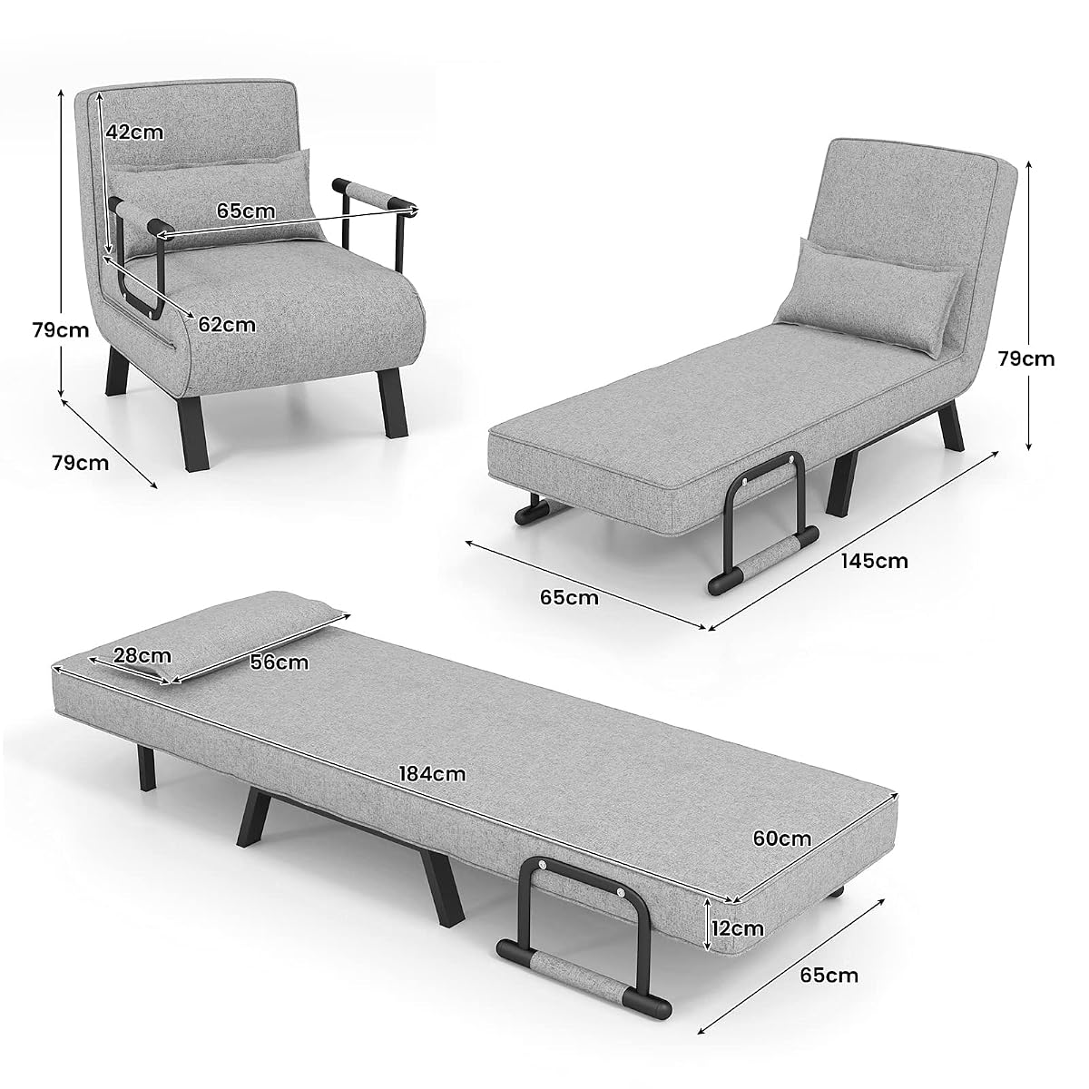 COSTWAY Fotel do spania 4 w 1, składany, sofa do spania z 5-stopniową regulacją oparcia, zdejmowaną poduszką i wyściełanym siedziskiem, z metalową ramą, obciążenie do 150 kg, jasnoszary