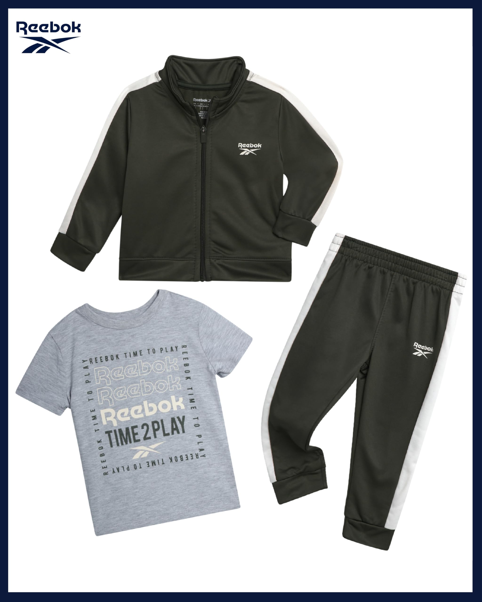 Reebok 3-teiliger Trainingsanzug für Kleinkinder, Jungen, Trikot-Trainingsjacke, T-Shirt und Jogginghose | Weiche Wärme ohne aufzutragen für ganztägigen Komfort, flexible Bewegung für Spielen, Schule oder Reisen zu jeder Jahreszeit