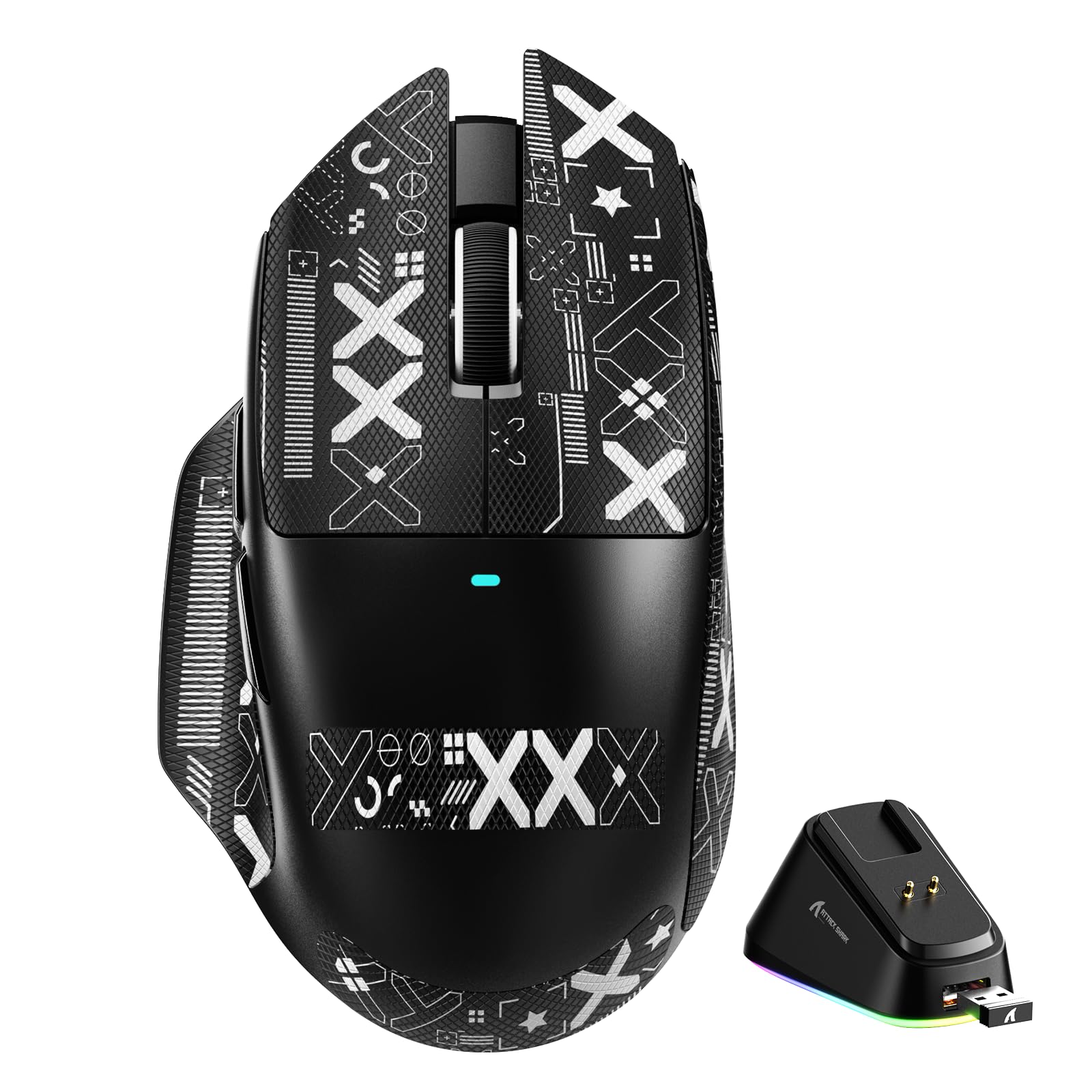 ATTACK SHARK Mouse para jogos V6 65g Superlight sem fio com base de carregamento magnético, BT/2,4 GHz sem fio/com fio 1K Polling, sensor PixArt PAW3311, 25000DPI, fita, mouse gamer de escritório para