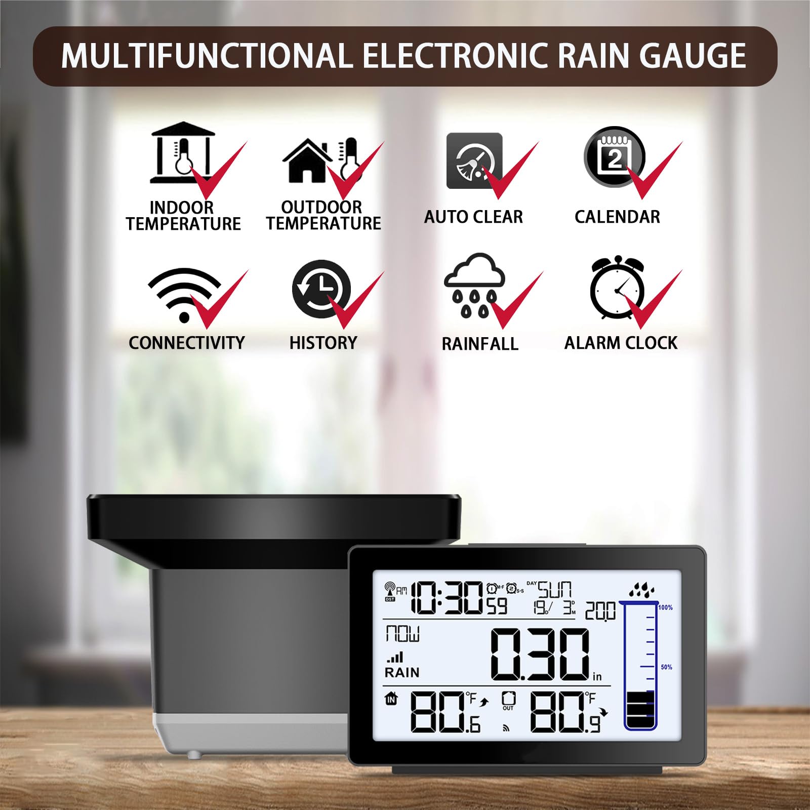 BIUWING Kabelloser Regenmesser für den Außenbereich, Selbstentleerender digitaler Regenmesser im Freien Best Rated, Elektronischer Regenmessgerät, Frostsicherer Regenmesser mit Thermometer,