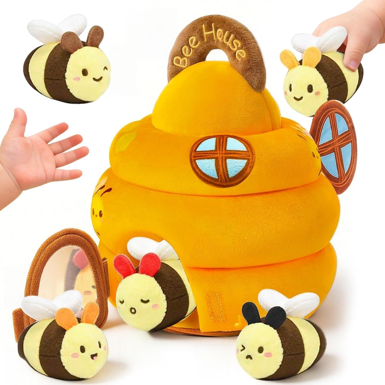 Jouet pour bébé de 6 à 12 mois, ruche avec 5 abeilles, jouet sensoriel Montessori avec musique, hochet, miroir, jeux éducatifs et jouets de motricité, cadeaux pour enfants de 1, 2, 3 ans
