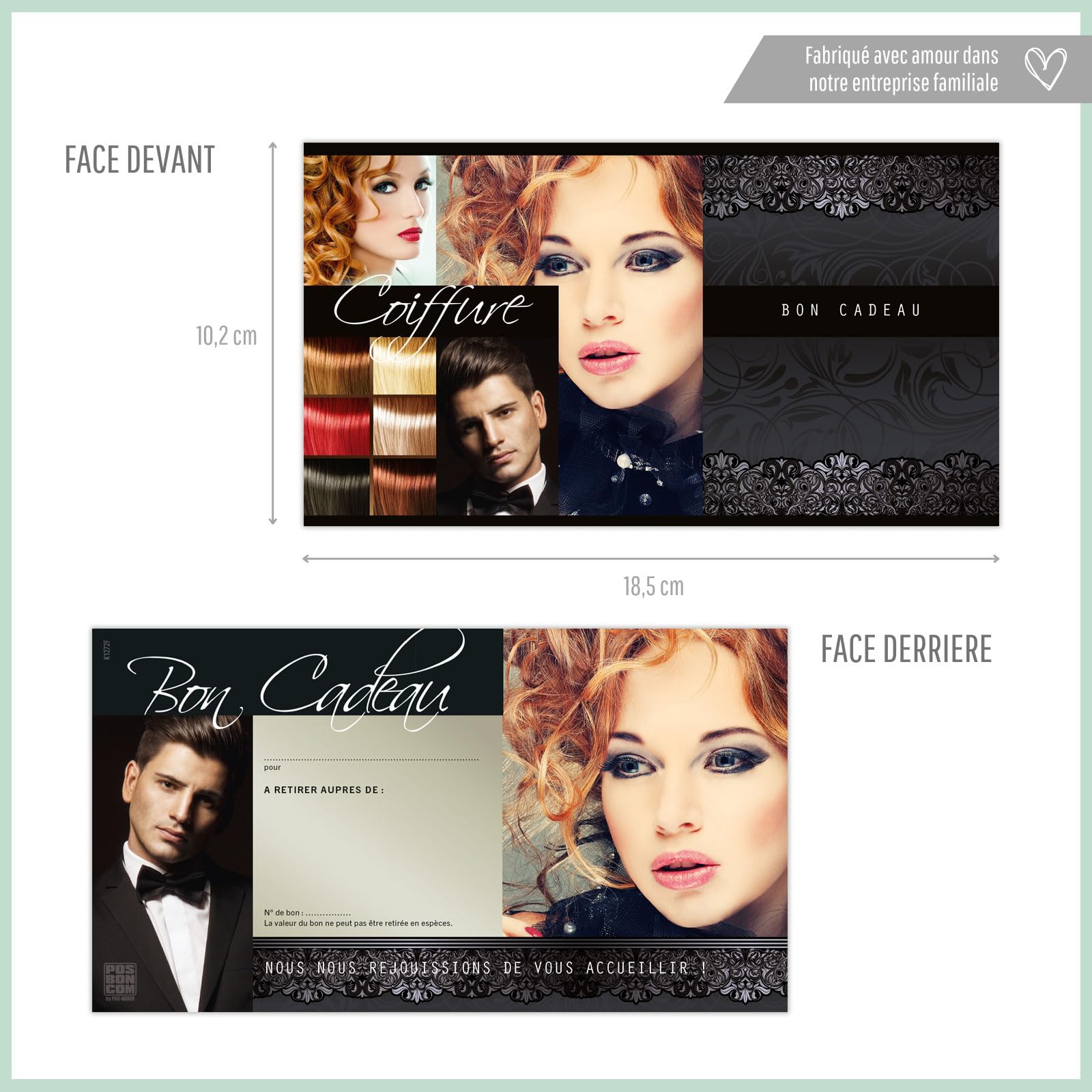 POS BON - 100 bons cadeaux à remplir avec enveloppe/nœud ruban - formulaires imprimés pour des salons de coiffure K1272F-2-100-V1