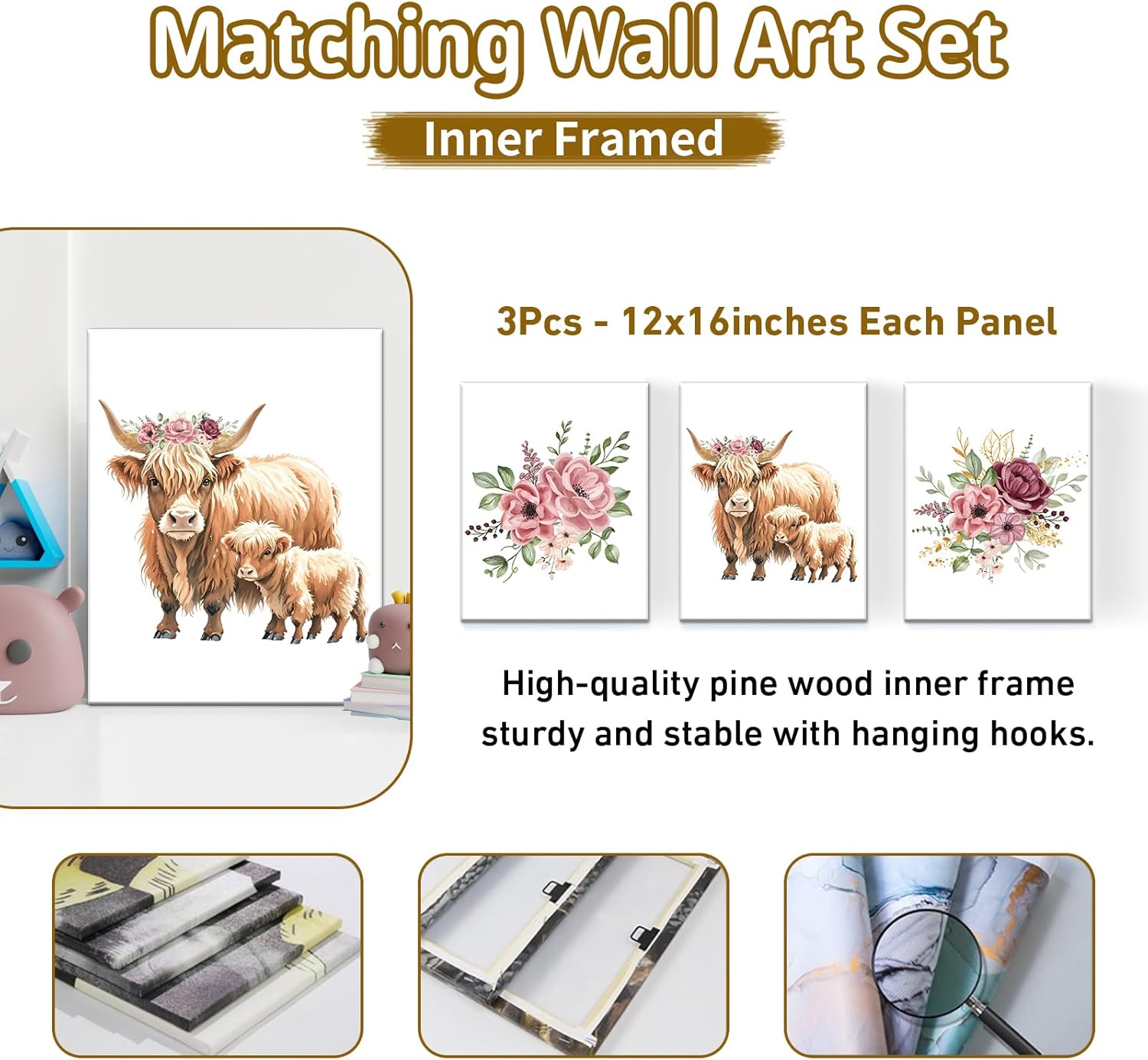 Personalized Baby Bedding Set, 5 Pcs Custom Name Bedding for Girls Boys - Soft Toddler Crib Sets, Red Highland Cow