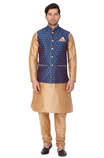 Men's Beige Cotton Silk Blend Kurta, Ethnic Jacket and Pyjama Set