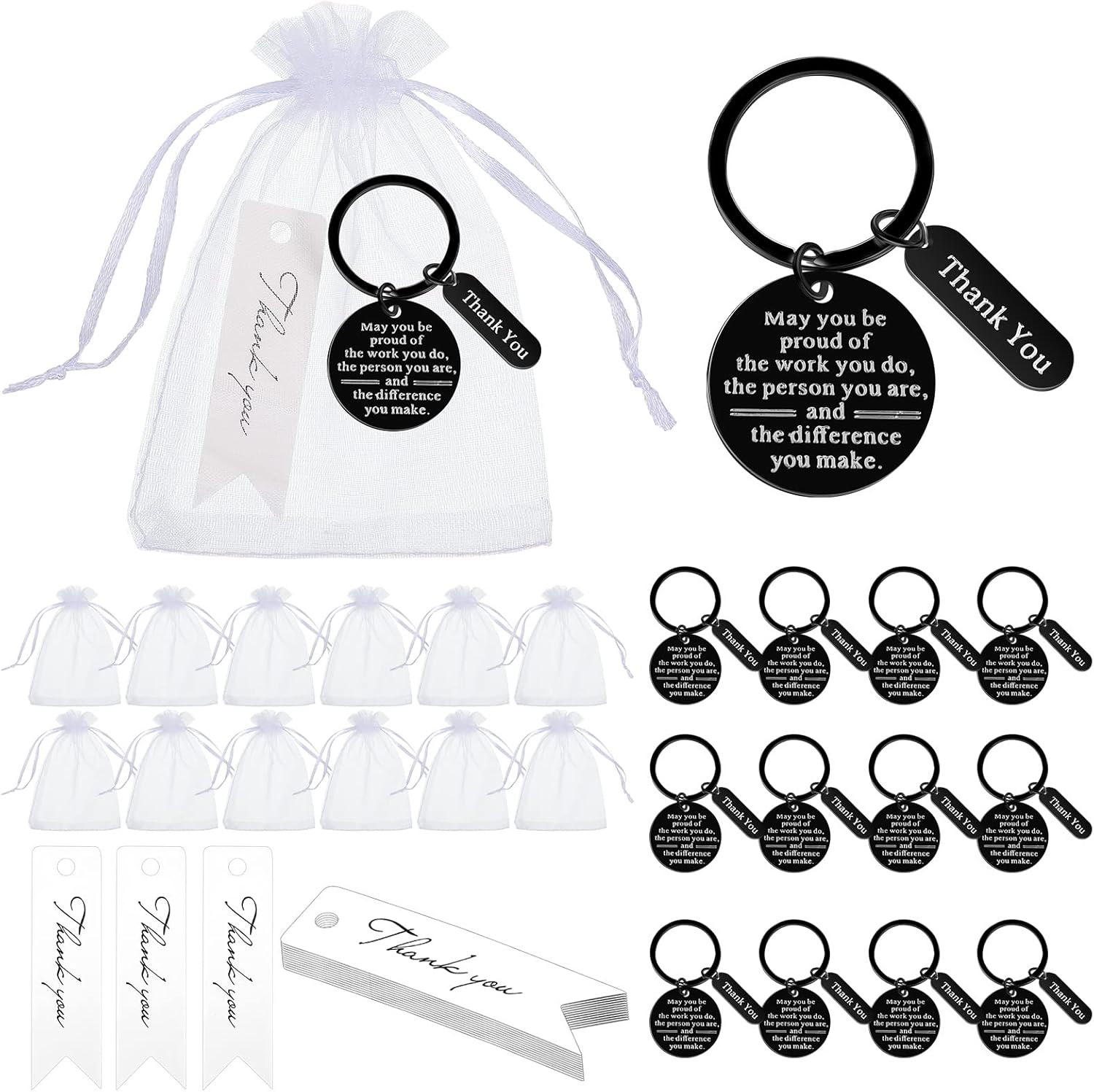 Yinkin 12 Sets Employee Appreciation Gifts Bulk for Coworkers Keychains Organza Bags with Cards for Staff Christmas Favors(Black)