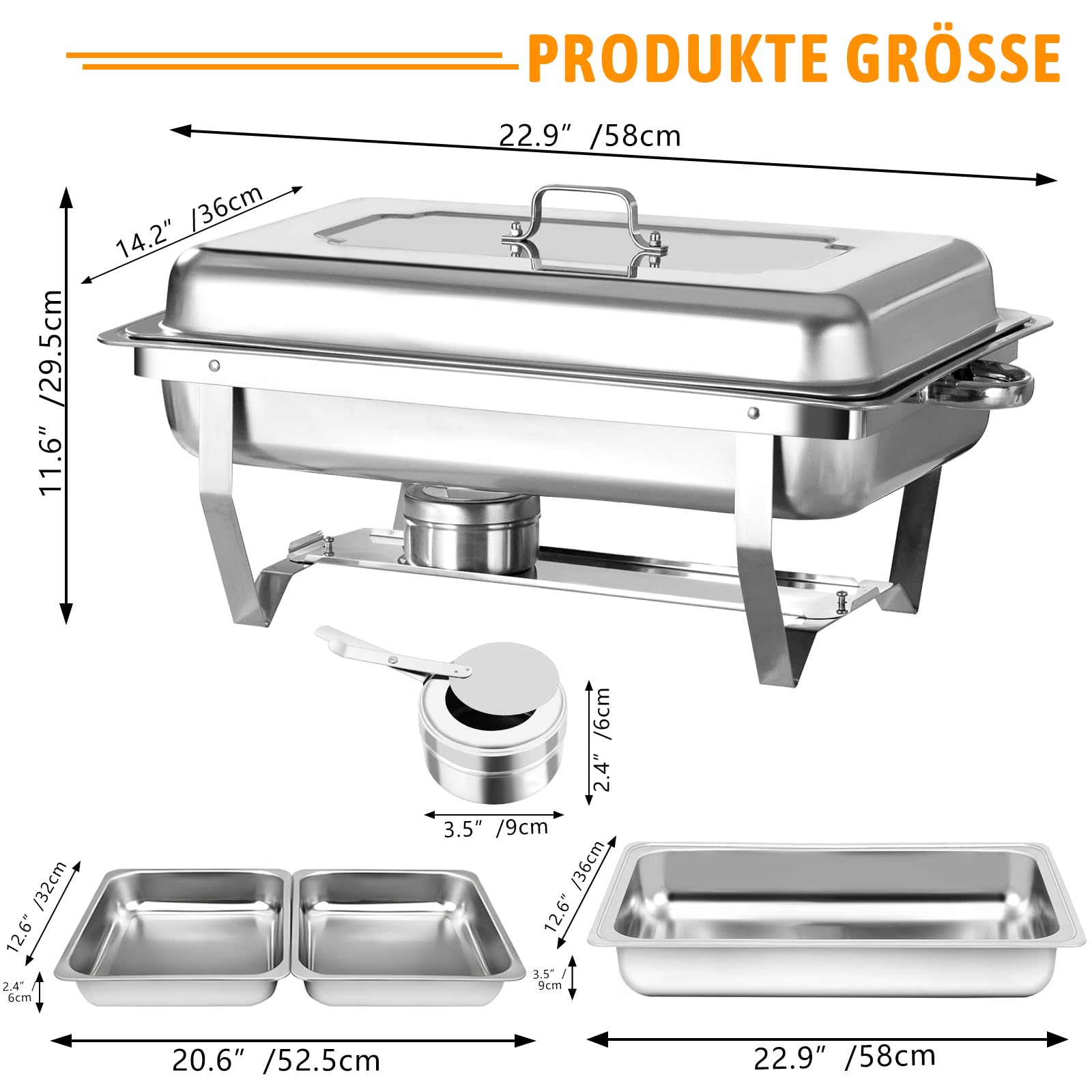 Chafing Dish Profi Set, 4 Stück, 8 x GN 1/2 | Mit halbgroßen Lebensmittelbehältern, Wärmebehälter für Catering, Für Buffet und Hochzeitsfeste, Speisenwärmer Set