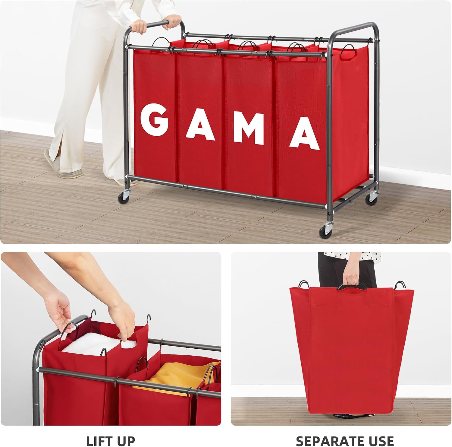 EASI Laundry Hamper 4 Section, 180L Large Rolling Laundry Sorter Cart, Laundry Basket with Removable Bags for Laundry Room, Bathroom, Bedroom, Dorm Rooms, Apartments, Whole Family Use, Red