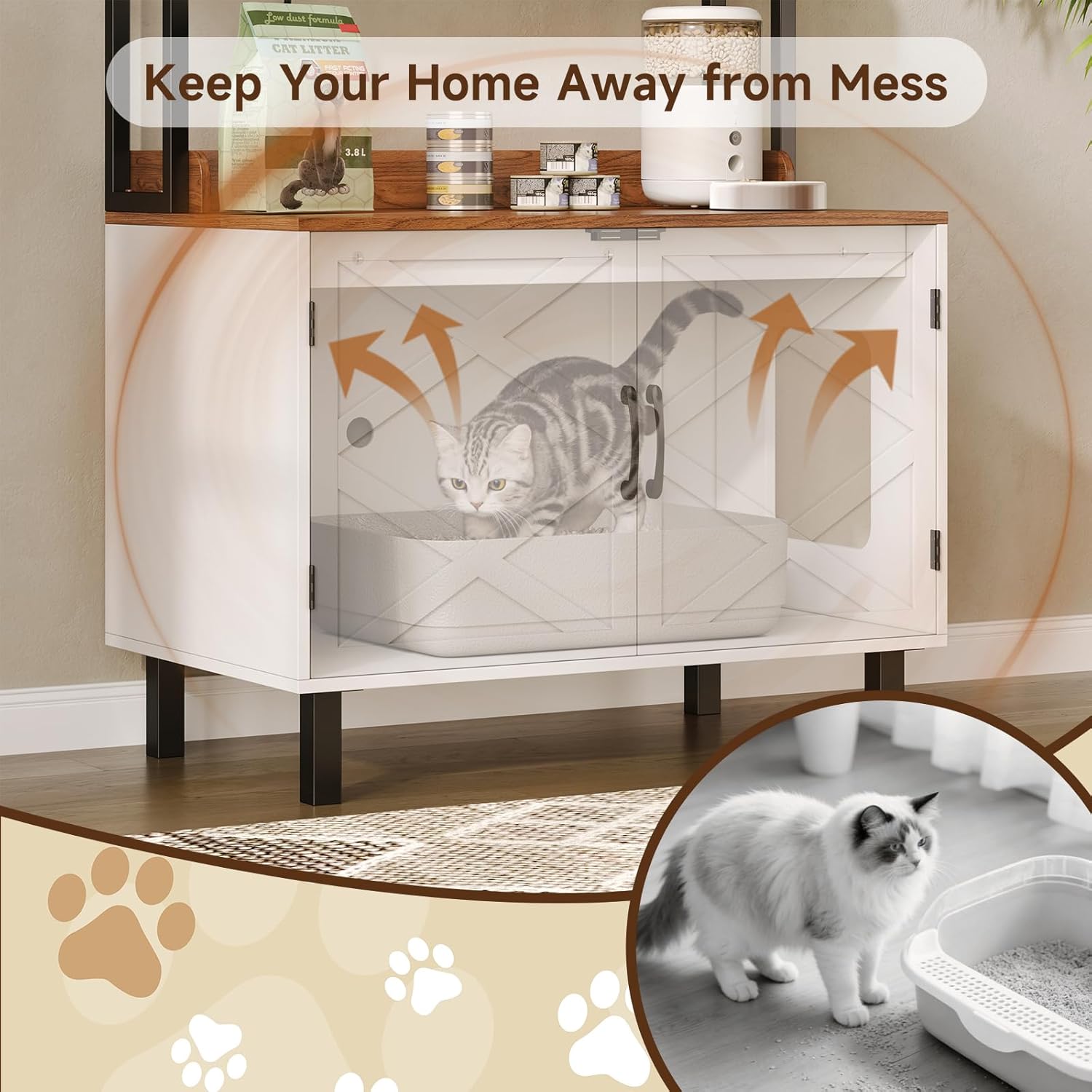 55'' Litter Box Enclosure with Shelves, Modern Cat Litter Box Furniture with Power Outlets&Storge, Hidden Cat House for Indoor Livingroom,Bedroom & Entryway,White