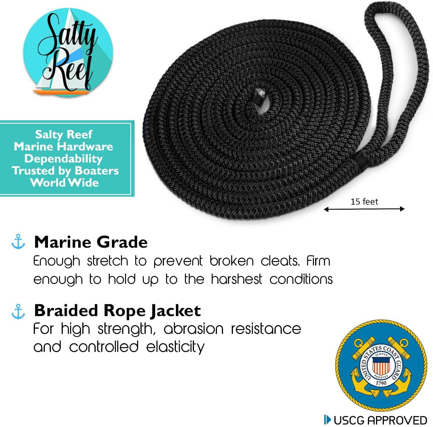 2 Pack - Premium Double Braid Nylon Dock-line 15’ - Black (3/8 INCH)