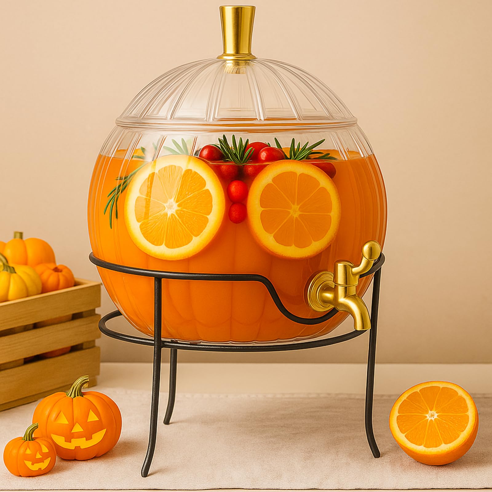 1.3 Gallon Thanksgiving Plastic Drink Dispenser with Metal Stand Spigot Pumpkin Shaped Drink Dispenser Beverage Flask with Spigot for Fall Harvest Halloween Autumn Party Supplies