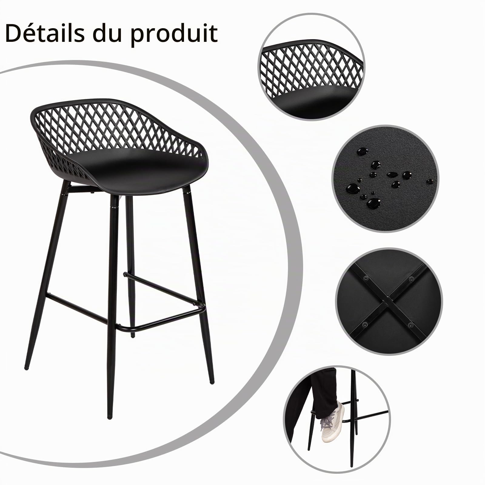 buybyroom Ensemble de 4 Tabourets de Bar avec Dossier, Ergonomiques et Réglables en Hauteur pour Cuisine, Restaurant, Comptoir - Noir (Style 1)