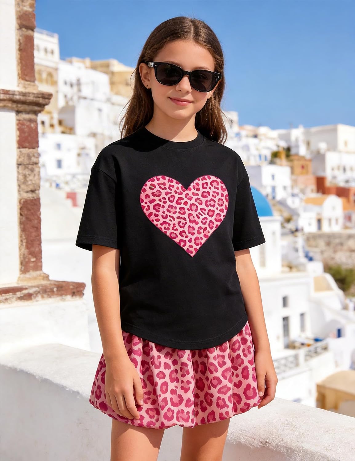 Girls Clothes 2 Piece Summer Shirred Skirt Sets Leopard print Bubble skirt Heart Print Tshirt Set Size 6-14 Years