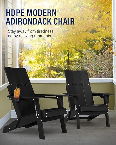 Miniatura 7 de Silla Adirondack moderna de gran tamaño sillas Adirondack HDPE para todo tipo de clima, juego de 2 con respaldo alto y soporte para tazas, silla de