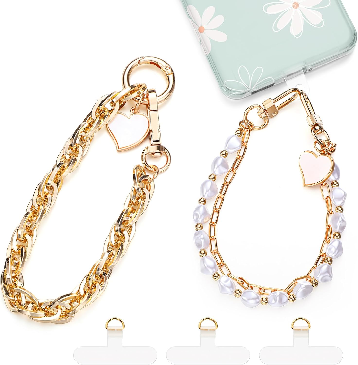 Landical 2 Pcs Beaded Phone Wrist Straps Anti Lost Wrist Lanyard Double Chain Cell Phone Charm with 3 Tether Tab Beaded Wristlet Bracelet for Women Men Phone Wallet Camera(Sparkling Crystal)