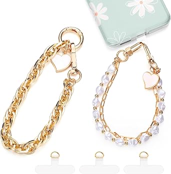 Landical 2 Pcs Beaded Phone Wrist Strap Bracelet Strap Cell Phone Charms with 3 Tether Tabs Chain Wristlet for Women Men Wallet Keychain CameraPearl Double Chain A