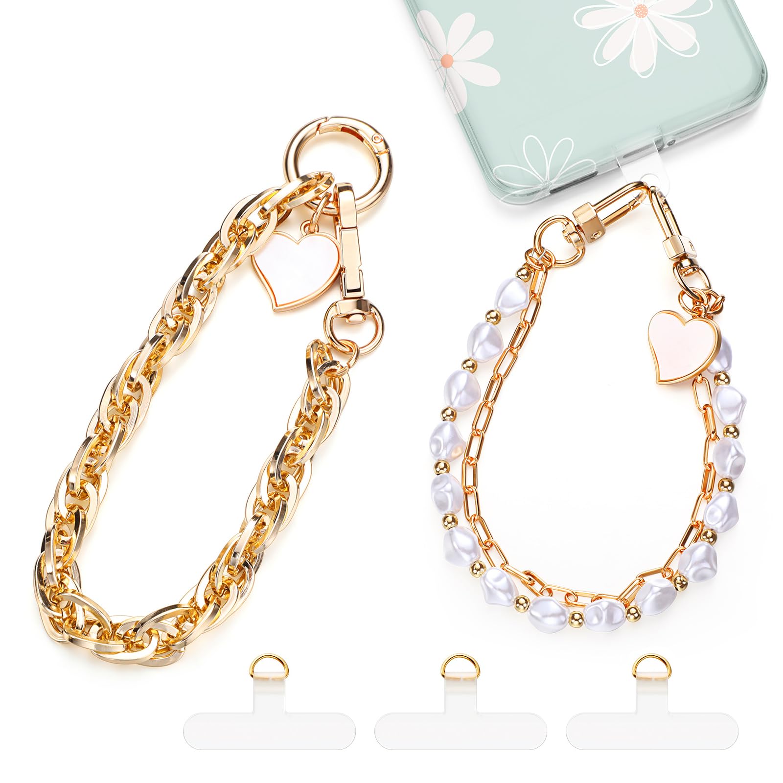 Landical 2 Pcs Beaded Phone Wrist Strap Bracelet Strap Cell Phone Charms with 3 Tether Tabs Chain Wristlet for Women Men Wallet Keychain Camera(Pearl