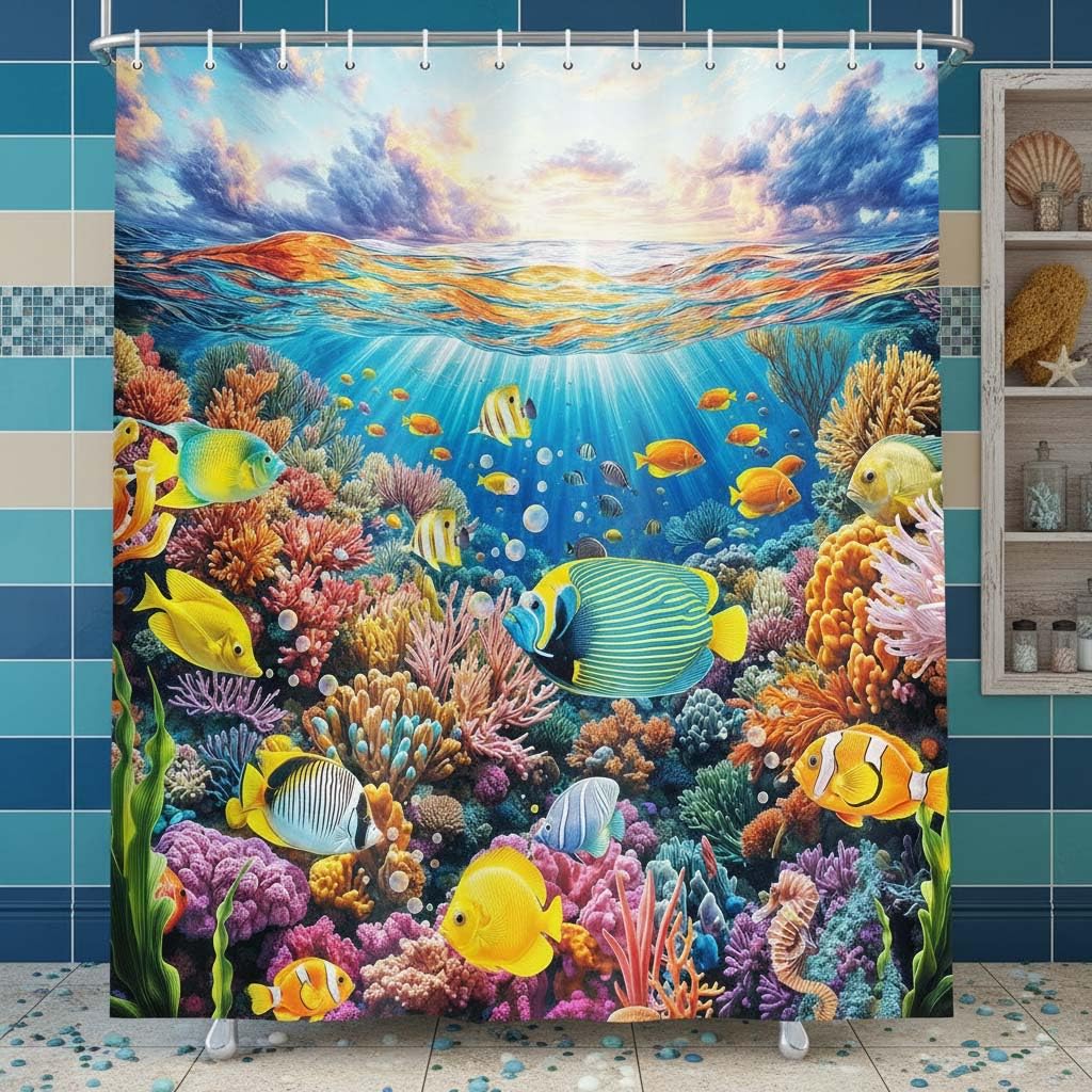 Blue Ocean Shower Curtain for Bathroom, Fish Underwater World Kids Bath Curtains with 12 Hooks Summer Tropical Colorful Coral Marine Life Shower Curtain for Children Sea Bathroom Decor,70X70IN