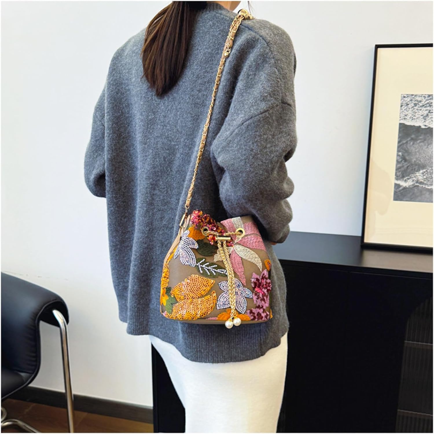 Crossbody Bags for Women, Hand Embroidered Leathers Tot Bag, Carry Handle Bucket bag, Bohemian Handbags for Women Vacation Travel Daily Matching(Orange) - Image 9