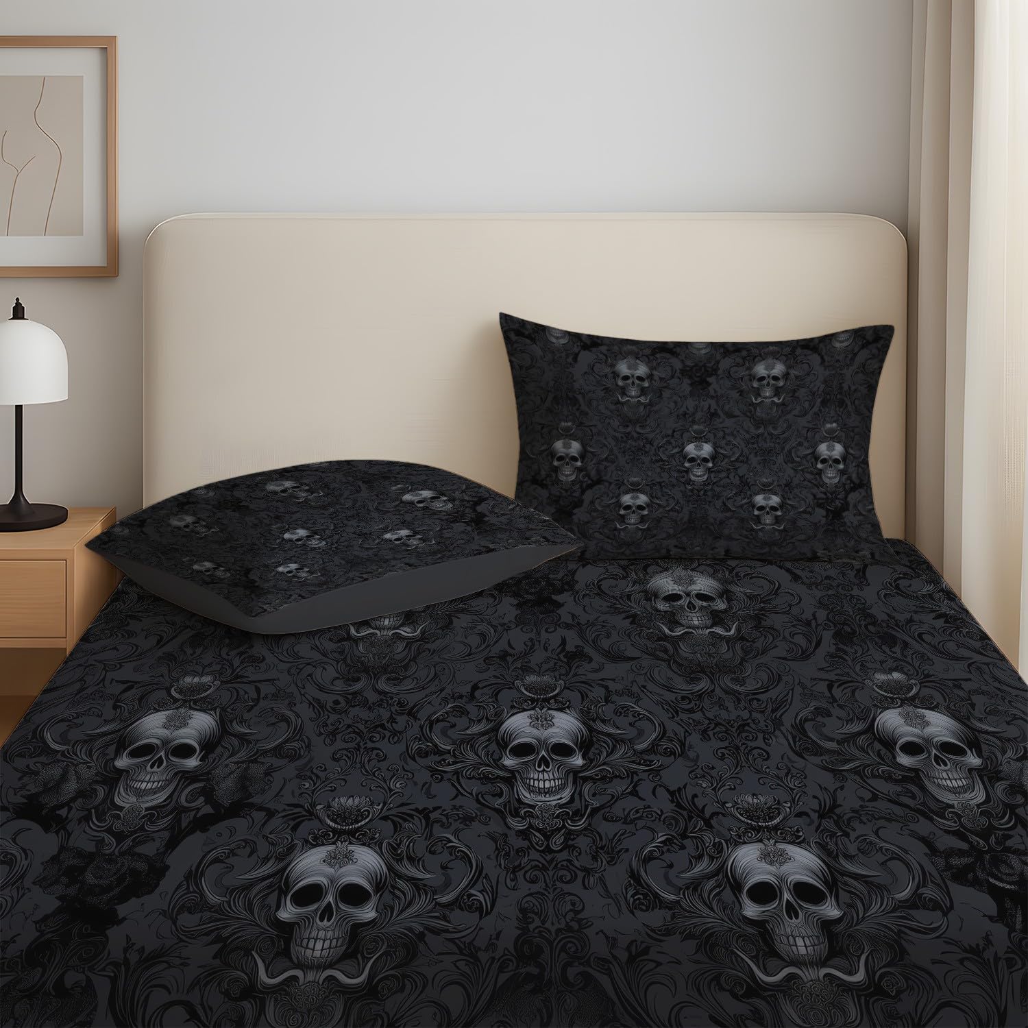 Dunkel Schädel Spannbetttuch Gotisch Mystisch Damast Spannbettlaken 140 x 200 x 30 cm 3teilig Mikrofaser Bettwäsche Set mit 2 Kissenbezüge 80 x 80 cm Kein Flachbettlaken