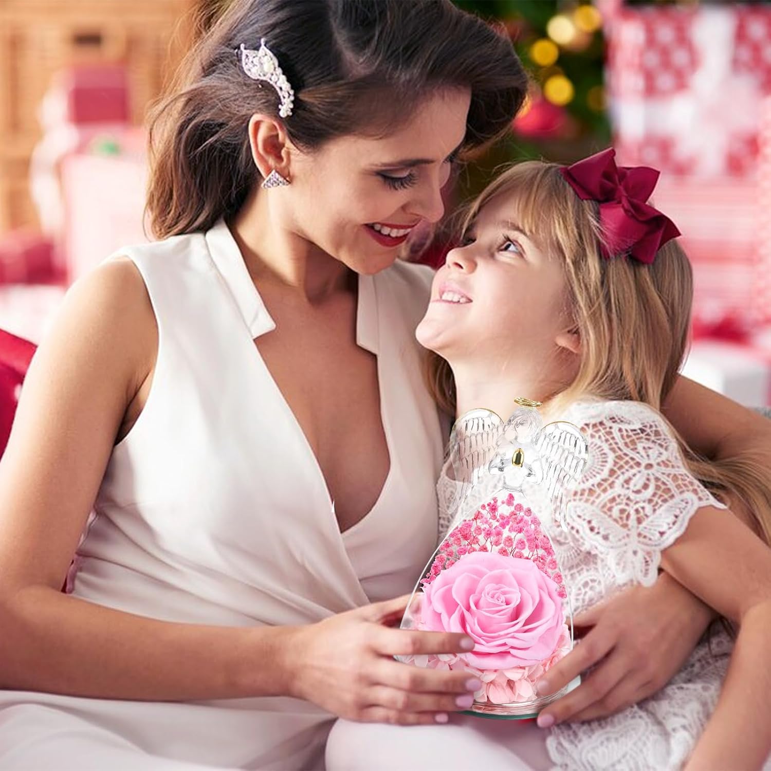 Valentines Day Rose Gifts for Her Women Mom Birthday Flowers for Delivery Preserved Flowers Forever Eternal Rose in Glass Angel Figurine, Valentine Gifts for Women Her Daughter Wife Girlfriend, Pink - Image 4